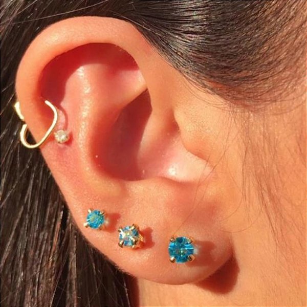 Trio Ponto De Luz Azul Folheado a Ouro 18K