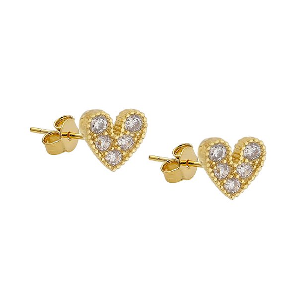 Brinco Coração Cravejado Alongado Folheado a Ouro 18k