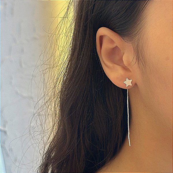 Brinco Earline Fio Venezino Estrela Lisa Folheado a Prata 925