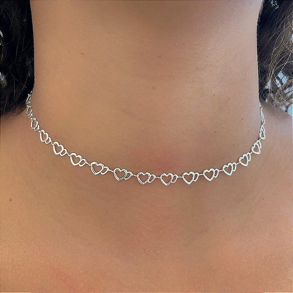 Choker Coração Duplo Vazado Folheado a Prata 925
