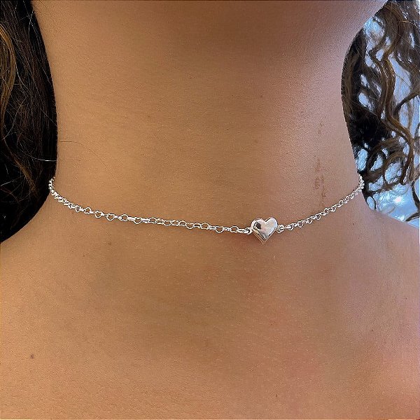 Choker Correntinha Coração Pingente Coração Liso Meio Folheado a Prata 925