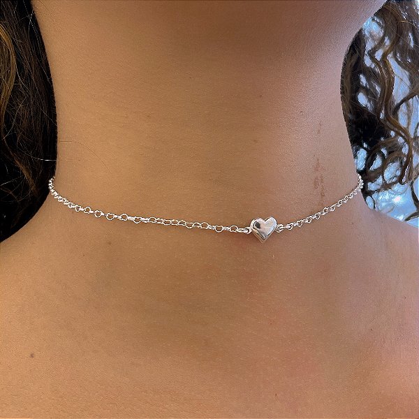 Choker Correntinha Coração Pingente Coração Liso Meio Folheado a Prata 925