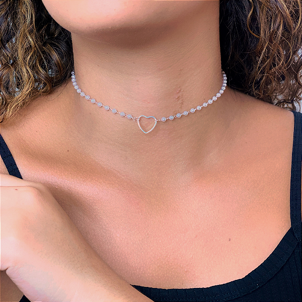 Choker Pérolas Coração Vazado Meio Folheado a Prata 925