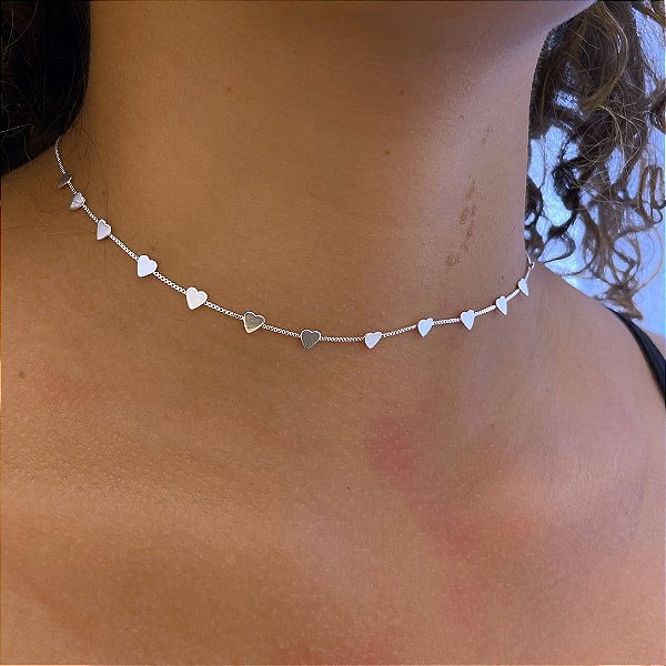 Colar Choker Corações Folheado a Prata 925