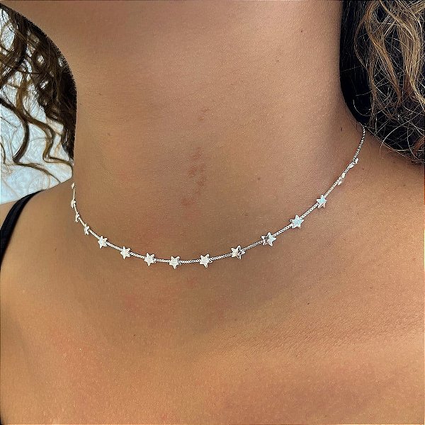 Colar Choker Estrelas Folheado a Prata 925