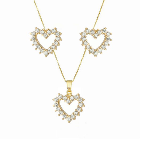 Conjunto Coração Cravejado Vazado Ponteiras Folheado a Ouro 18k
