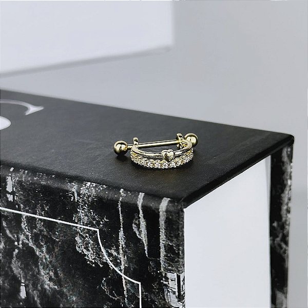 Piercing 2 em 1 Meia Argola Fio Cravejado e Fio Coração Liso Folheado a Ouro 18k