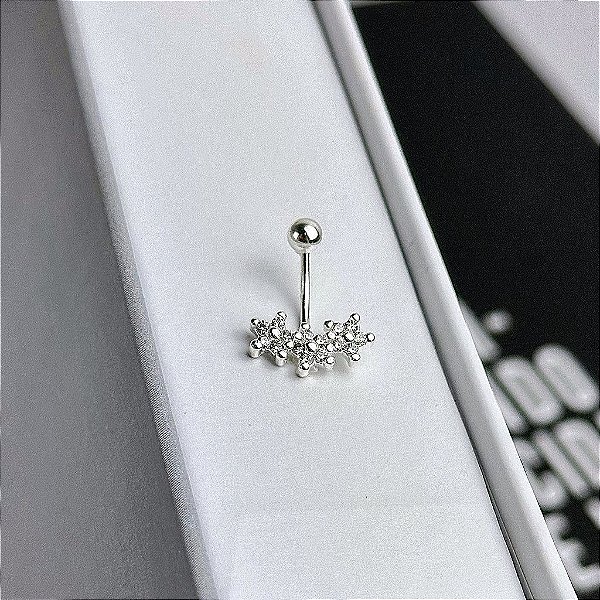 Piercing Umbigo [12mm] 3 Flores Cravejadas Folheado a Prata 925