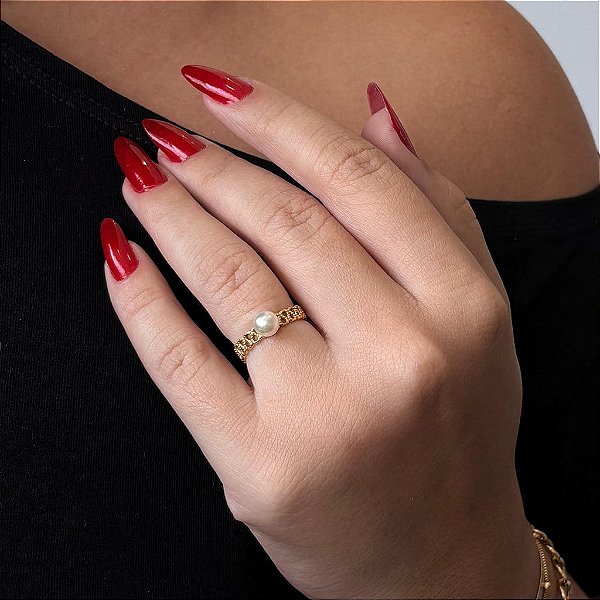 Anel Aro Arabesco Pérola Solitária Folheado a Ouro 18k