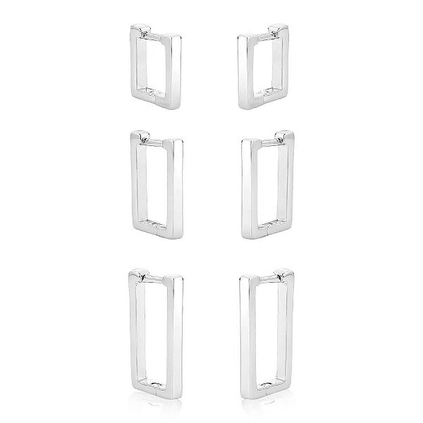 Trio de Argolas Lisas Retangulares Folheado a Prata 925