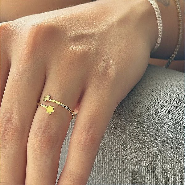 Anel Regulável Duas Estrelas Lisas e Granitadas Folheado a Ouro 18k