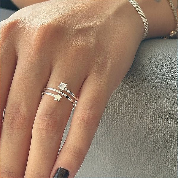 Anel Regulável 3 Fios Estrela Lisa e Zircônia Folheado a Prata 925