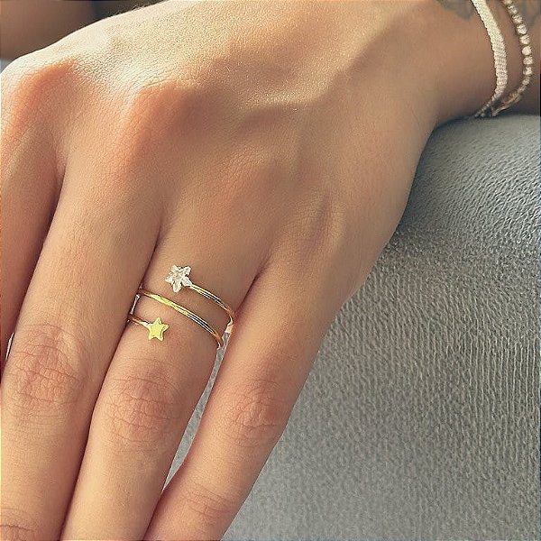 Anel Regulável 3 Fios Estrela Lisa e Zircônia Folheado a Ouro 18k