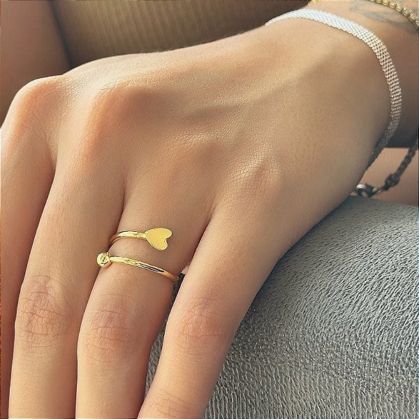 Anel Regulável Coração Liso e Bolinha Folheado a Ouro 18k