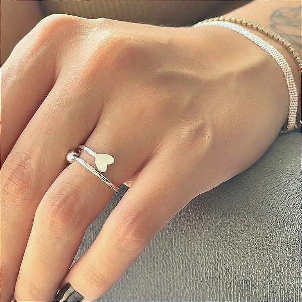 Anel Regulável Coração Liso e Bolinha Folheado a Prata 925