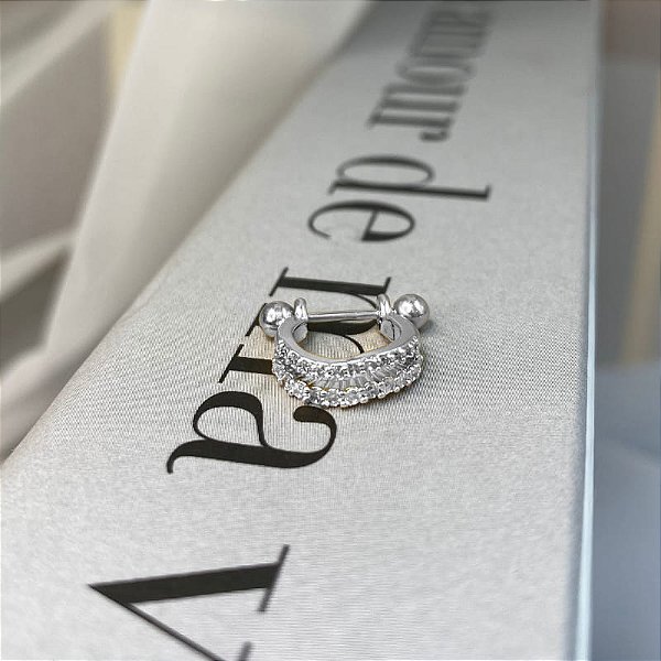 Piercing 2 em 1 Meia Argola 2 Fios Cravejados Folheado a Prata 925