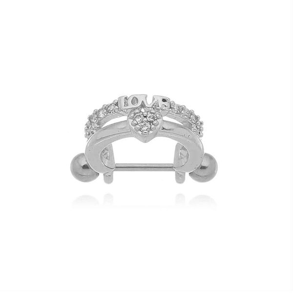 Piercing 2 em 1 Meia Argola Love e Coração Cravejado Folheado a Prata 925