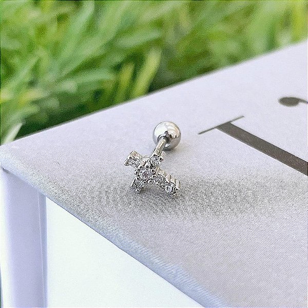 Piercing Cruz Cravejada Folheado a Prata 925