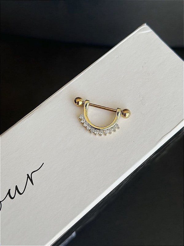 Piercing Mamilo 2 em 1 Arco Cravejado Folheado a Ouro 18k