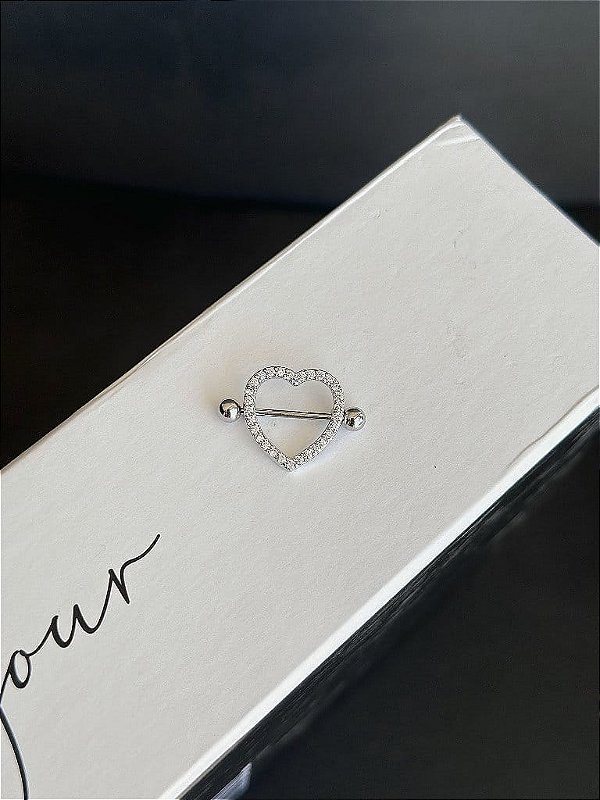 Piercing Mamilo Coração Cravejado Folheado a Prata 925