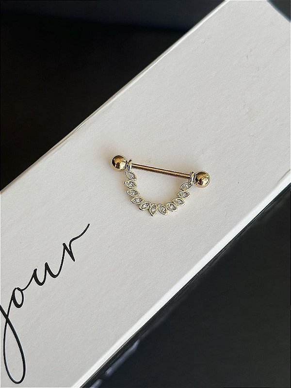 Piercing Mamilo Meia Argola Navetes Cravejados Folheado a Ouro 18k