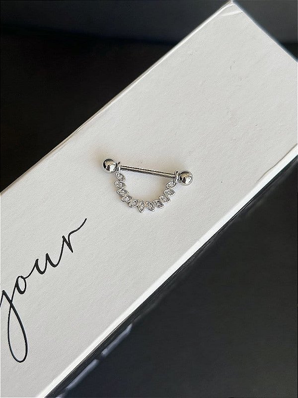 Piercing Mamilo Meia Argola Navetes Cravejados Folheado a Prata 925