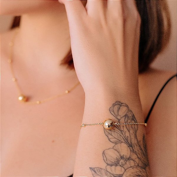Pulseira Correntinha Bolinhas e Esfera Folheada a Ouro 18k