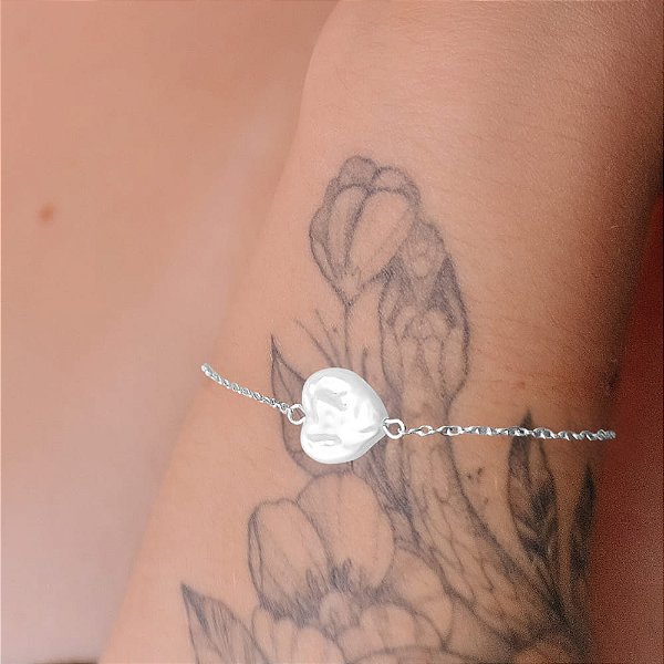 Pulseira Correntinha Coração Madre Pérola Orgânica Folheado a Prata 925