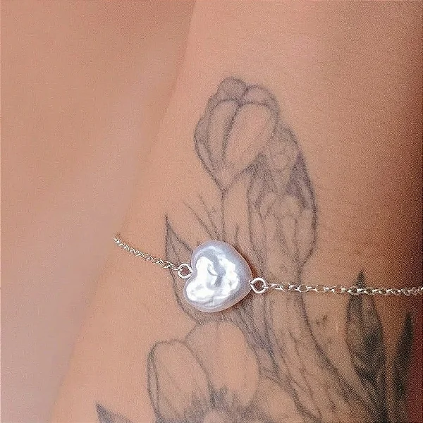 Pulseira Correntinha Coração Madre Pérola Orgânica Folheado a Prata 925