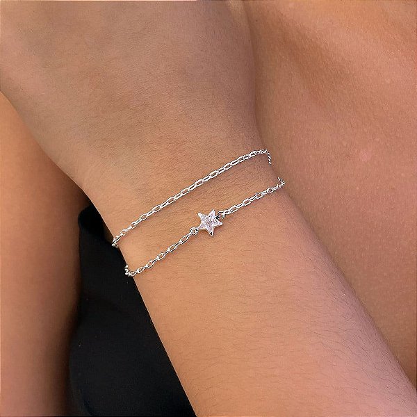 Pulseira Dupla Cartier Pingente Estrela Zircônia Folheado a Prata 925