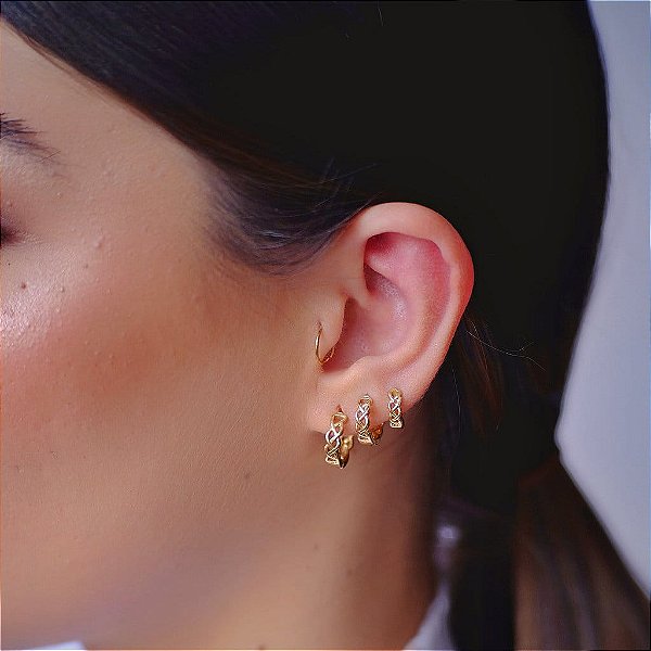 Trio de Argolas Fio Trançado Corrente Folheado a Ouro 18k