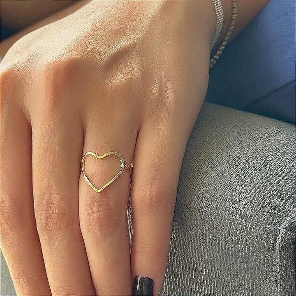 Anel Aro Achatado Coração Vazado Folheado a Ouro 18k