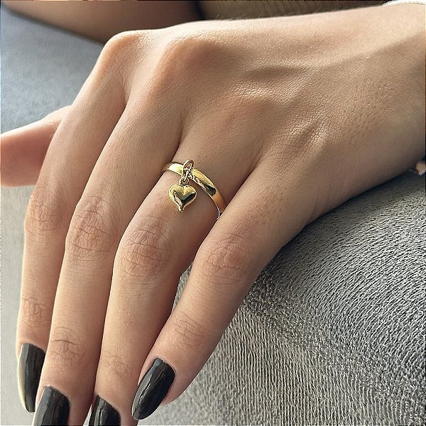 Anel Aliança Pingente Coração Abaulado Folheado a Ouro 18k