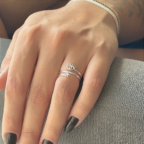 Anel Regulável Fios Olho Grego e Ponto de Luz Folheado a Prata 925