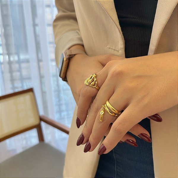 Anel Aliança Plaquinha e Coração Zircônia Folheado a Ouro 18k