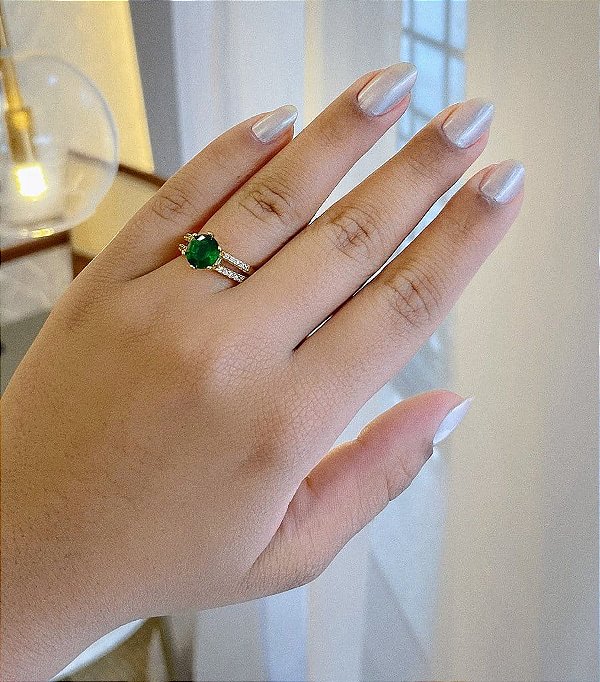 Anel Aliança Cravejada Zircônia Verde Grande Folheado a Ouro 18k