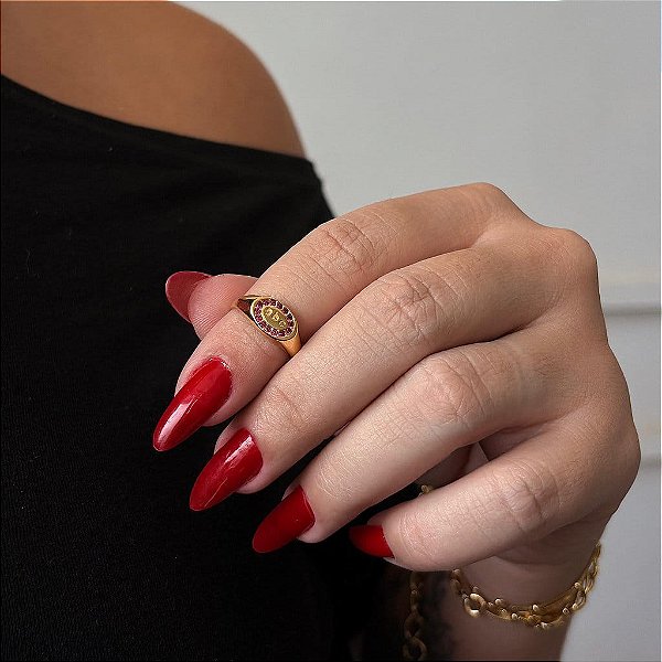 Anel ABC Oval Zircônia Rosa Folheado a Ouro 18k