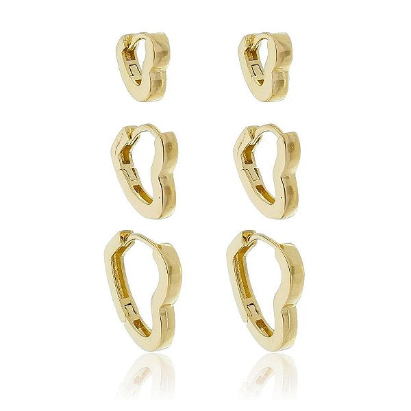 Trio de argolas Coração Liso Fino Folheado a Ouro 18k