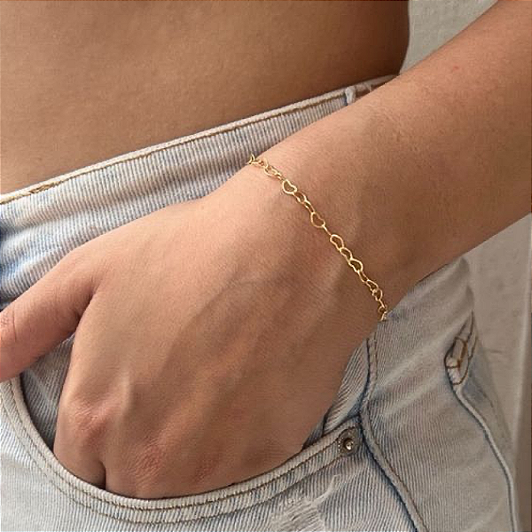 Pulseira Elo Coração Vazado Folheado a Ouro 18k