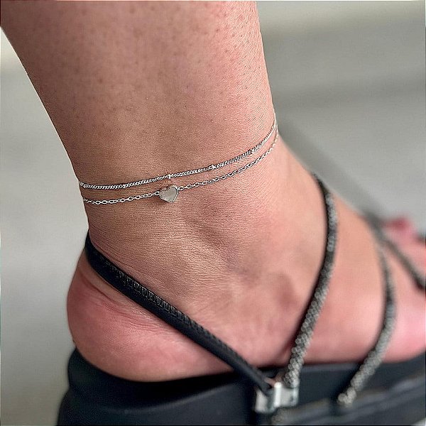 Tornozeleira Fio Duplo Bolinhas e Pingente Coração Liso Folheado a Prata 925