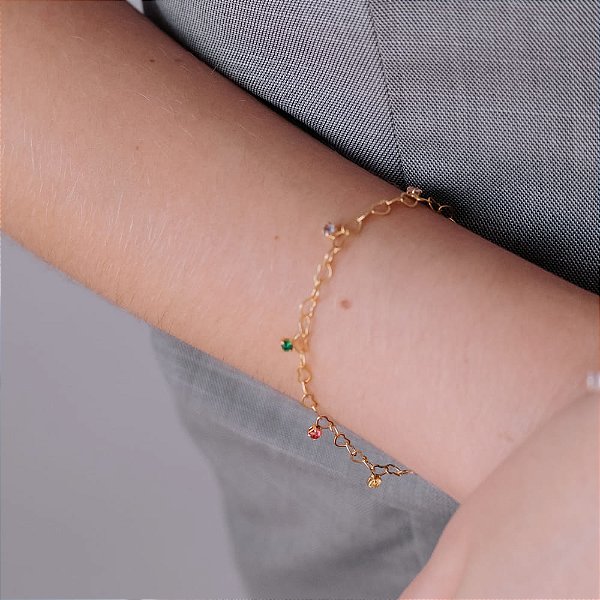Pulseira Correntinha Coração Pingentes Zircônias Coloridas Folheado a Ouro 18K