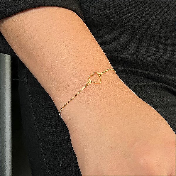 Pulseira Veneziano Coração Vazado Fio Laminado Folheado a Ouro 18K