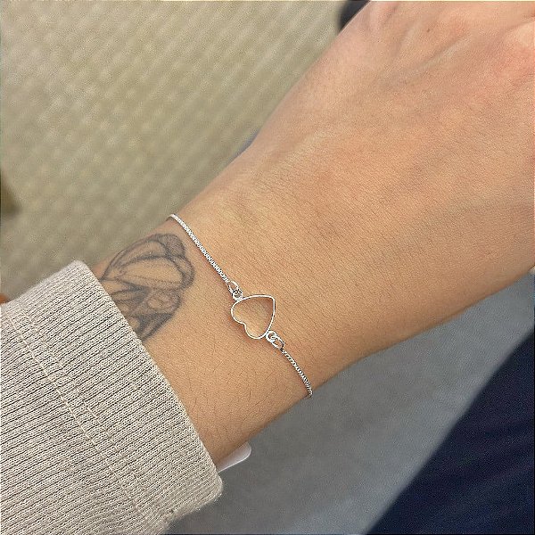 Pulseira Veneziano Coração Vazado Fio Laminado Folheado a Prata 925