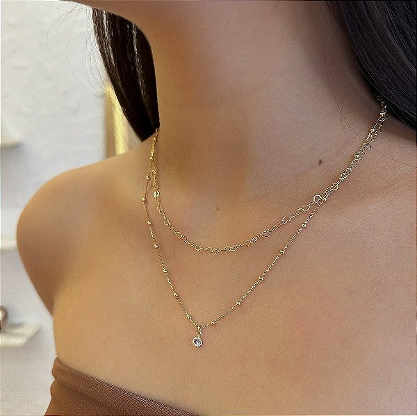 Colar Duplo Corrente Bolinhas Coração e Pingente Ponto de Luz Folheado a Ouro 18K