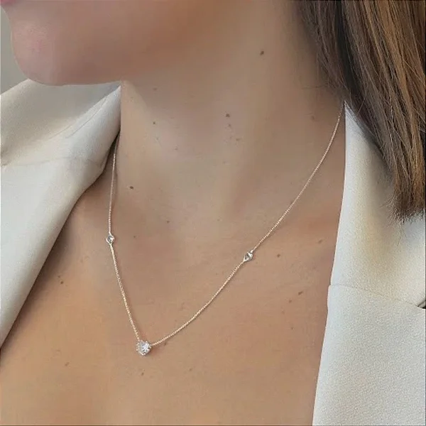 Colar Zircônias e Pingente Coração Cristal Folheado a Prata 925