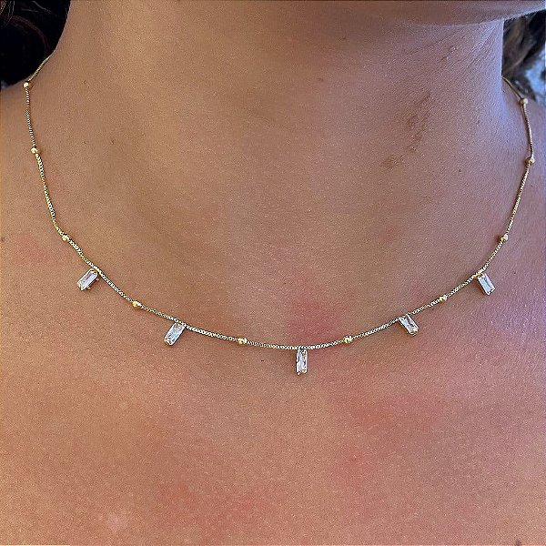 Choker Bolinha e Zircônias Retangulares Cristal Folheado a Ouro 18K