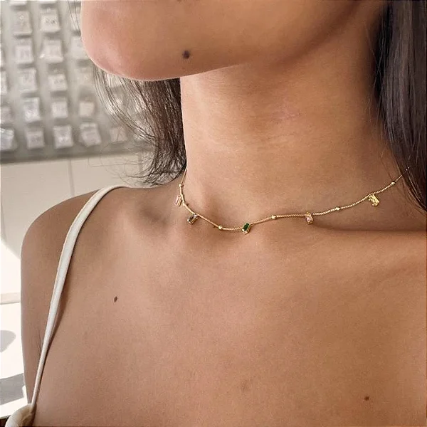 Choker Bolinha e Zircônias Retangulares Coloridas Folheado a Ouro 18K