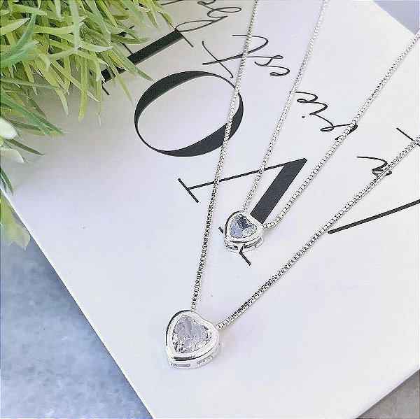 Colar Duplo e Pingentes Coração Zircônia Borda Lisa Folheado a Prata 925