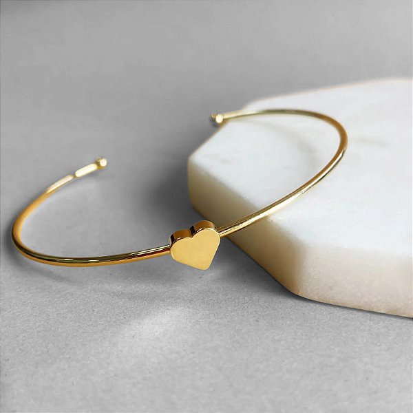 Bracelete Aberto Coração Liso Folheado a Ouro 18K