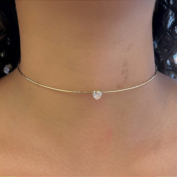 Choker Aro Coração Cristal Folheado a Ouro 18K